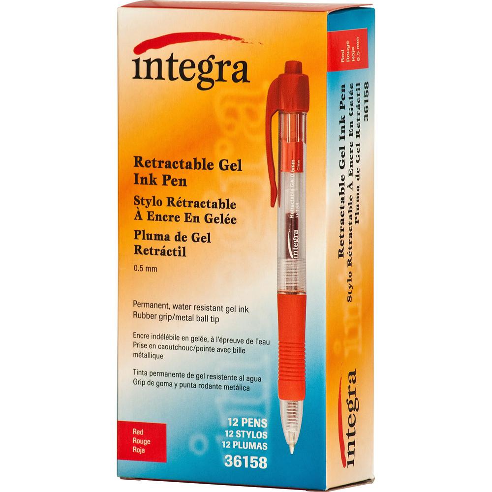Integra Retractable 0.5mm Gel Pens - Fine Pen Point - 0.5 mm Pen Point Size - Retractable - Red - Red Barrel - Metal Tip - 1 Dozen. Picture 7