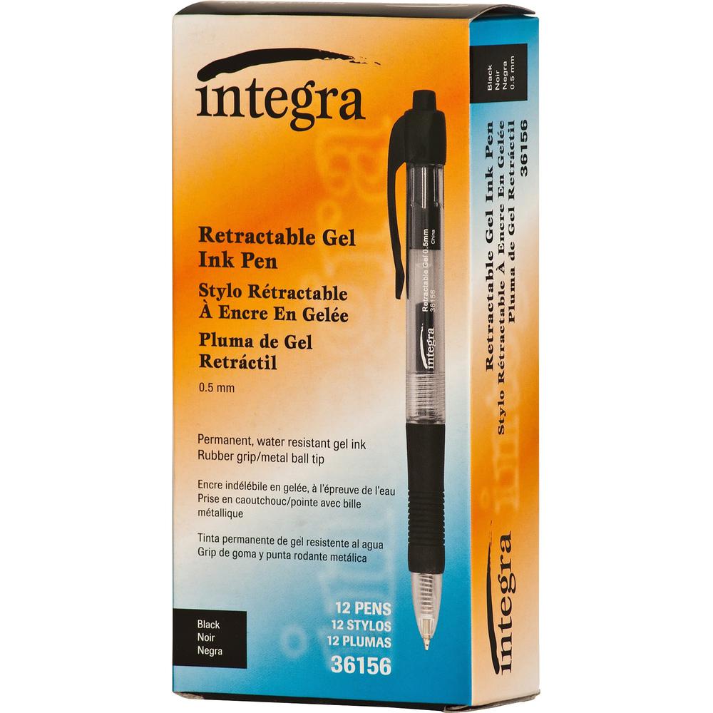 Integra Retractable 0.5mm Gel Pens - Fine Pen Point - 0.5 mm Pen Point Size - Retractable - Black Gel-based Ink - Black Barrel - Metal Tip - 1 Dozen. Picture 7