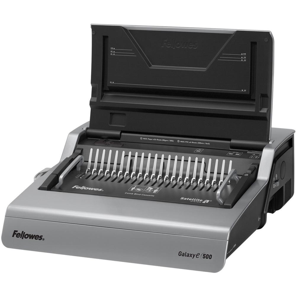 Fellowes Galaxy-E&trade; 500 Electric Comb Binding Machine w/ Starter Kit - CombBind - 500 Sheet(s) Bind - 28 Punch - Letter - 6.5" x 19.6" x 17.8" - Metallic Silver, Black. Picture 3