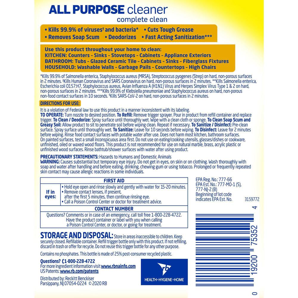 Lysol Lemon All Purpose Cleaner - Ready-To-Use - 32 fl oz (1 quart) - Lemon Breeze Scent - 12 / Carton - Deodorize, Disinfectant - Yellow. Picture 4