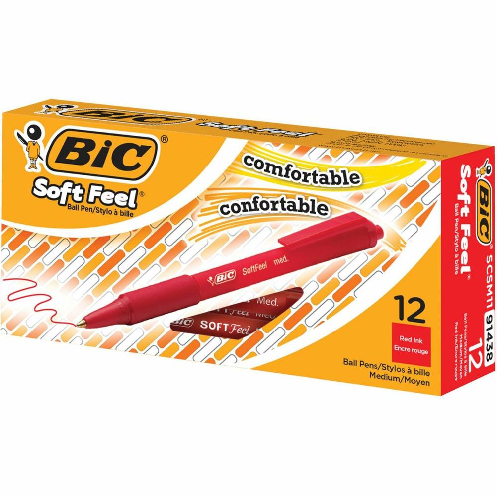 BIC SoftFeel Retractable Ball Pens - Medium Pen Point - 0.8 mm Pen Point Size - Retractable - Red - Red Rubber Barrel - 1 Dozen. Picture 2
