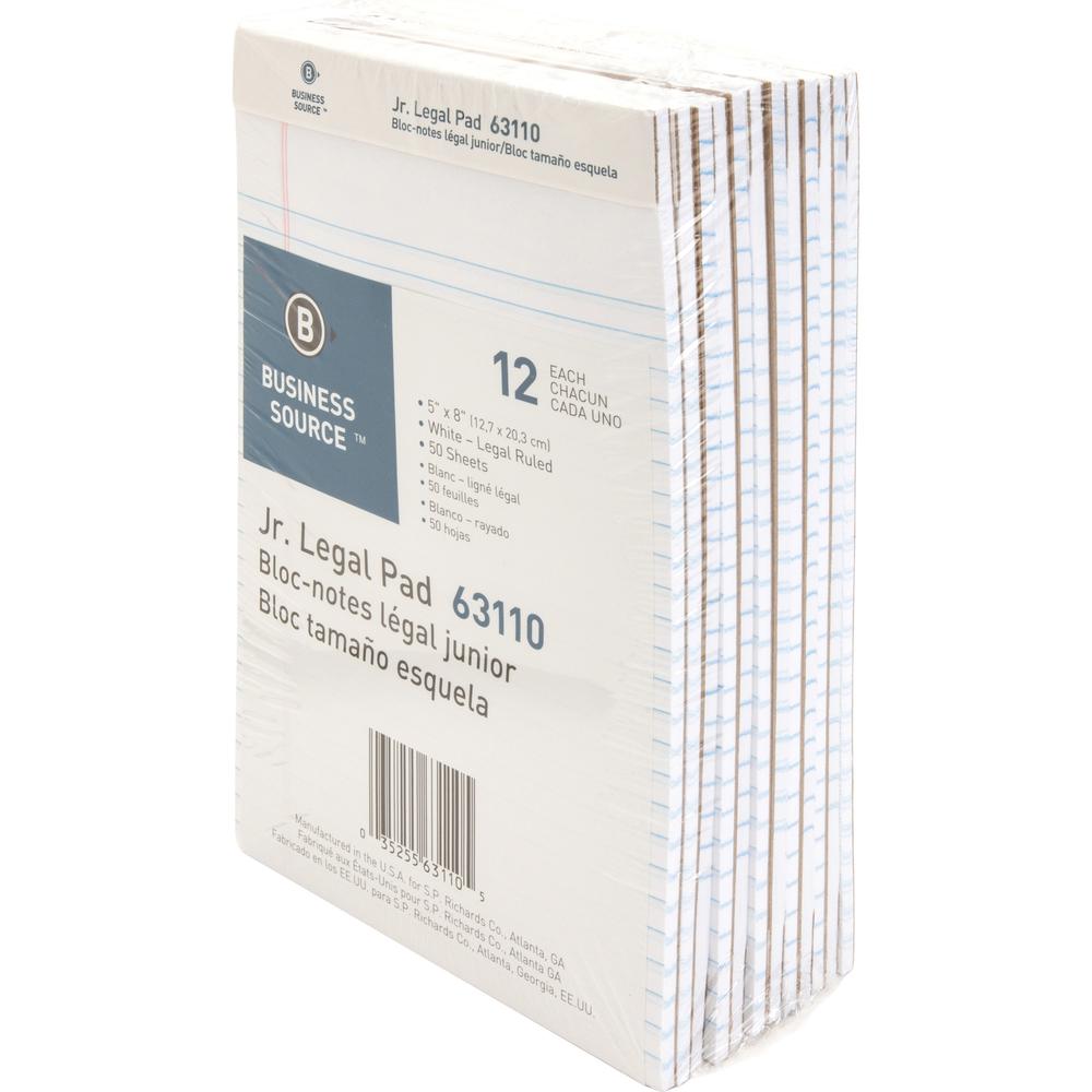 Business Source Micro - Perforated Legal Ruled Pads - Jr.Legal - 50 Sheets - 0.28" Ruled - 16 lb Basis Weight - 8" x 5" - White Paper - Micro Perforated, Easy Tear, Sturdy Back - 1 Dozen. Picture 2