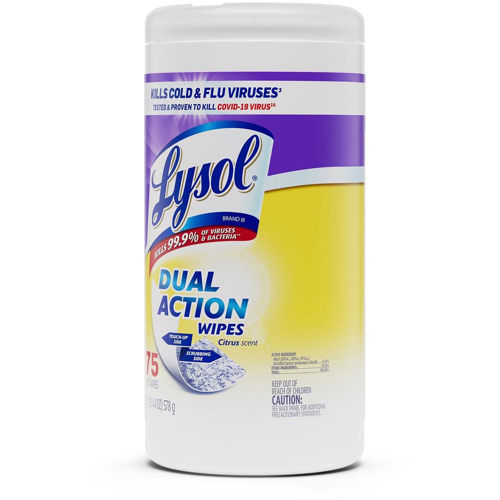 Lysol Dual Action Wipes - For Multipurpose - Citrus Scent - 7" Length x 7.25" Width - 75 / Canister - 1 Each - Pre-moistened, Anti-bacterial - White/Purple. Picture 3