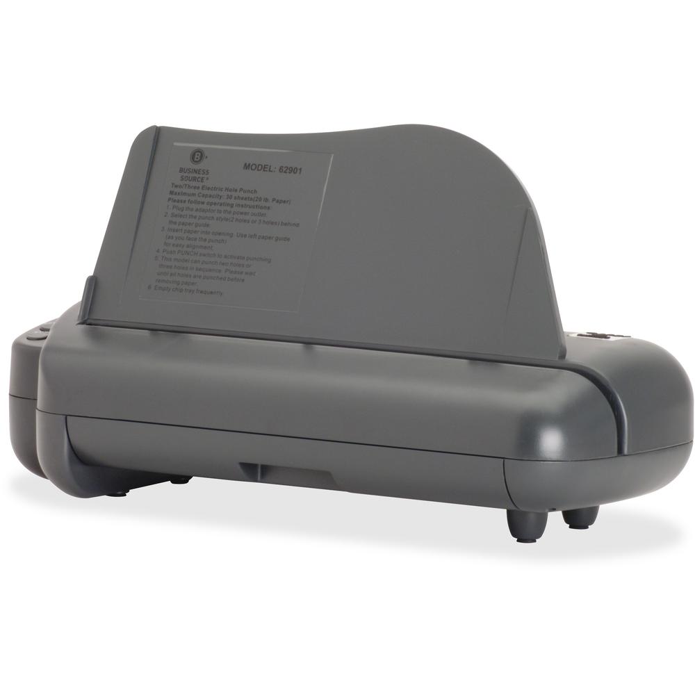Business Source Electric Adjustable 3-hole Punch - 3 Punch Head(s) - 30 Sheet of 20lb Paper - 1/4" Punch Size - 17.8" x 5.3" x 8.3" - Gray. Picture 11