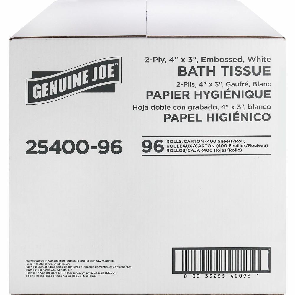 Genuine Joe 2-ply Standard Bath Tissue Rolls - 2 Ply - 3" x 4" - 400 Sheets/Roll - 1.63" Core - White - 96 / Carton. Picture 3