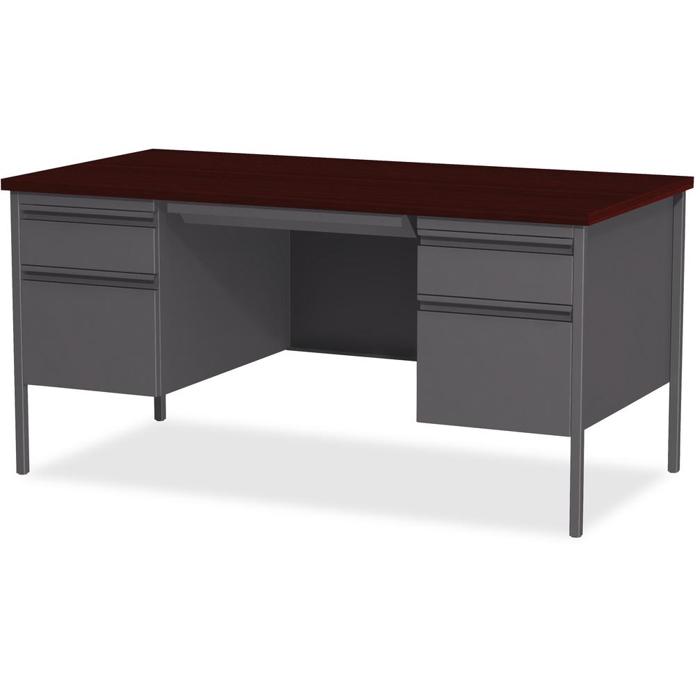 Lorell Fortress Series Double-Pedestal Desk - For - Table TopRectangle Top x 60" Table Top Width x 30" Table Top Depth x 1.12" Table Top Thickness - 29.50" Height - Assembly Required - Laminated, Maho. Picture 4