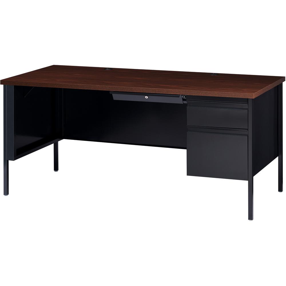 Lorell Fortress Series 66" Right-Pedestal Desk - Laminated Rectangle, Walnut Top - 30" Table Top Length x 66" Table Top Width x 1.13" Table Top Thickness - 29.50" Height - Assembly Required - Black Wa. Picture 5