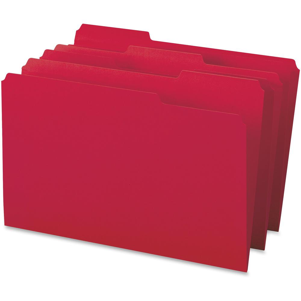 Business Source 1/3 Tab Cut Legal Recycled Top Tab File Folder - 8 1/2" x 14" - Top Tab Location - Assorted Position Tab Position - Stock - Red - 10% Recycled - 100 / Box. Picture 3