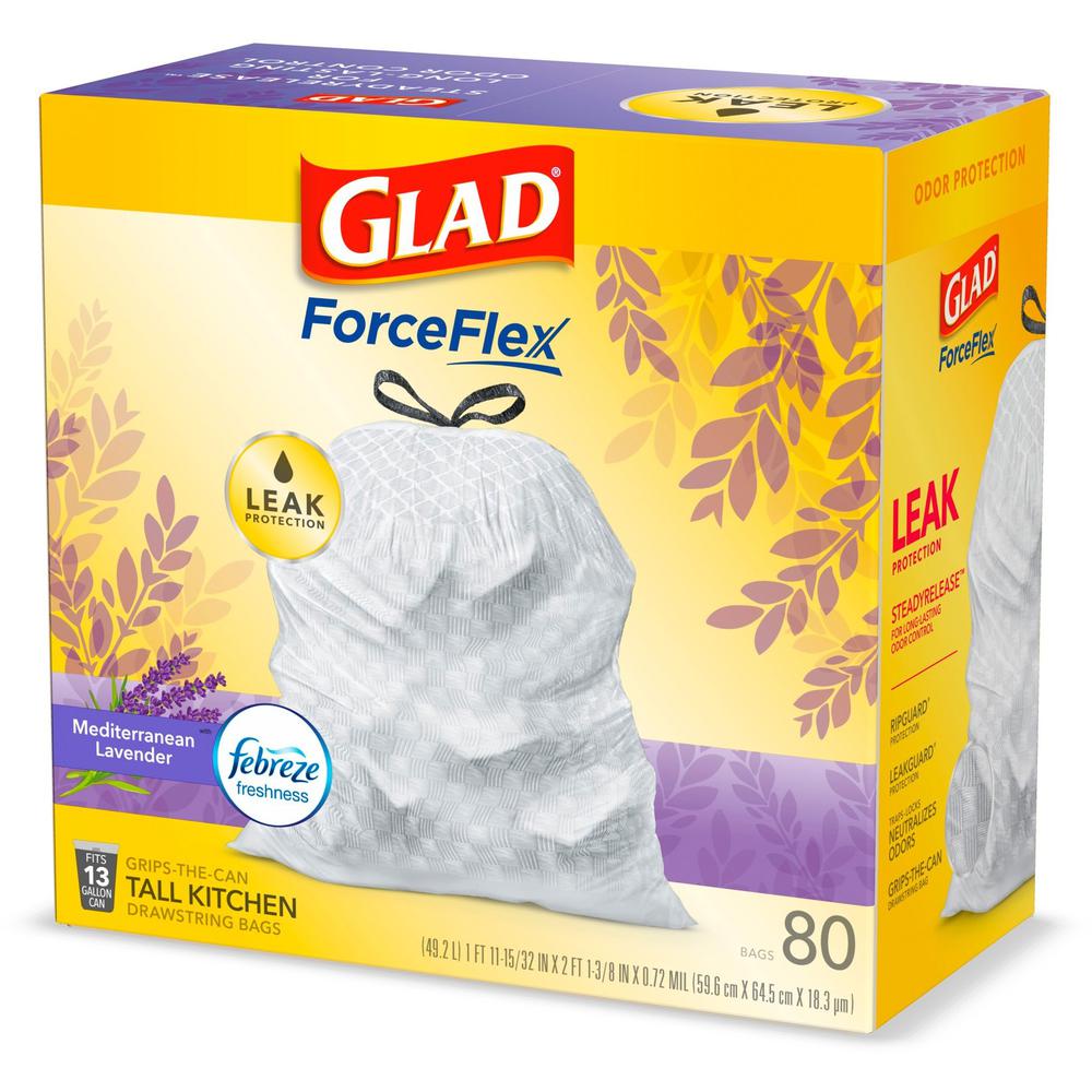 Glad ForceFlex Tall Kitchen Drawstring Trash Bags - Mediterranean Lavender with Febreze Freshness - 13 gal Capacity - 0.78 mil (20 Micron) Thickness - White - 80/Box - 80 Per Box - Garbage, Office, Ki. Picture 7