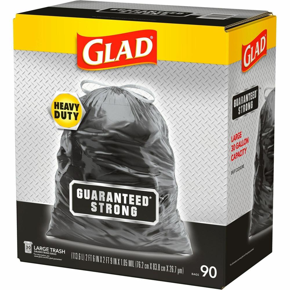 Glad Large Drawstring Trash Bags - Large Size - 30 gal Capacity - 30" Width x 32.99" Length - 1.05 mil (27 Micron) Thickness - Drawstring Closure - Black - Plastic - 90/Carton - Garbage, Indoor, Outdo. Picture 6