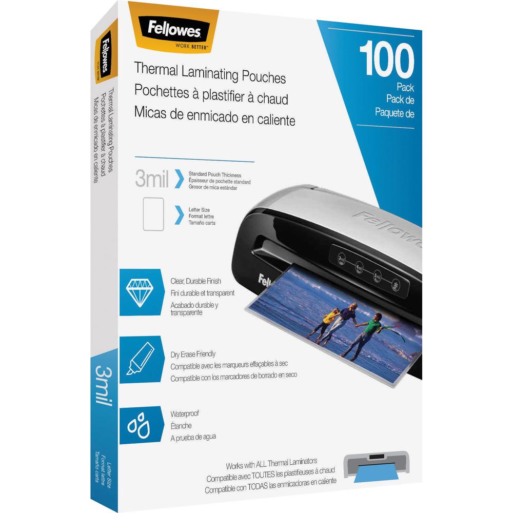 Fellowes Thermal Laminating Pouches - Letter, 3 mil, 100 pack - Sheet Size Supported: Letter 8.50" Width x 11" Length - Laminating Pouch/Sheet Size: 9" Width x 11.50" Length x 3 mil Thickness - Glossy. Picture 2