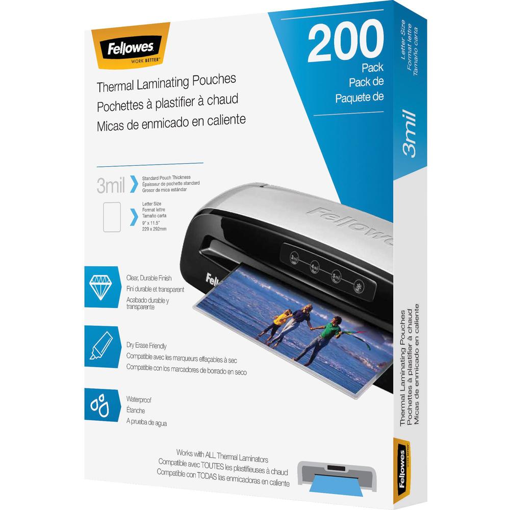 Fellowes Thermal Laminating Pouches - Letter, 3 mil, 200 pack - Sheet Size Supported: Letter 8.50" Width x 11" Length - Laminating Pouch/Sheet Size: 9" Width3 mil Thickness - Durable - Clear - 200 / P. Picture 5