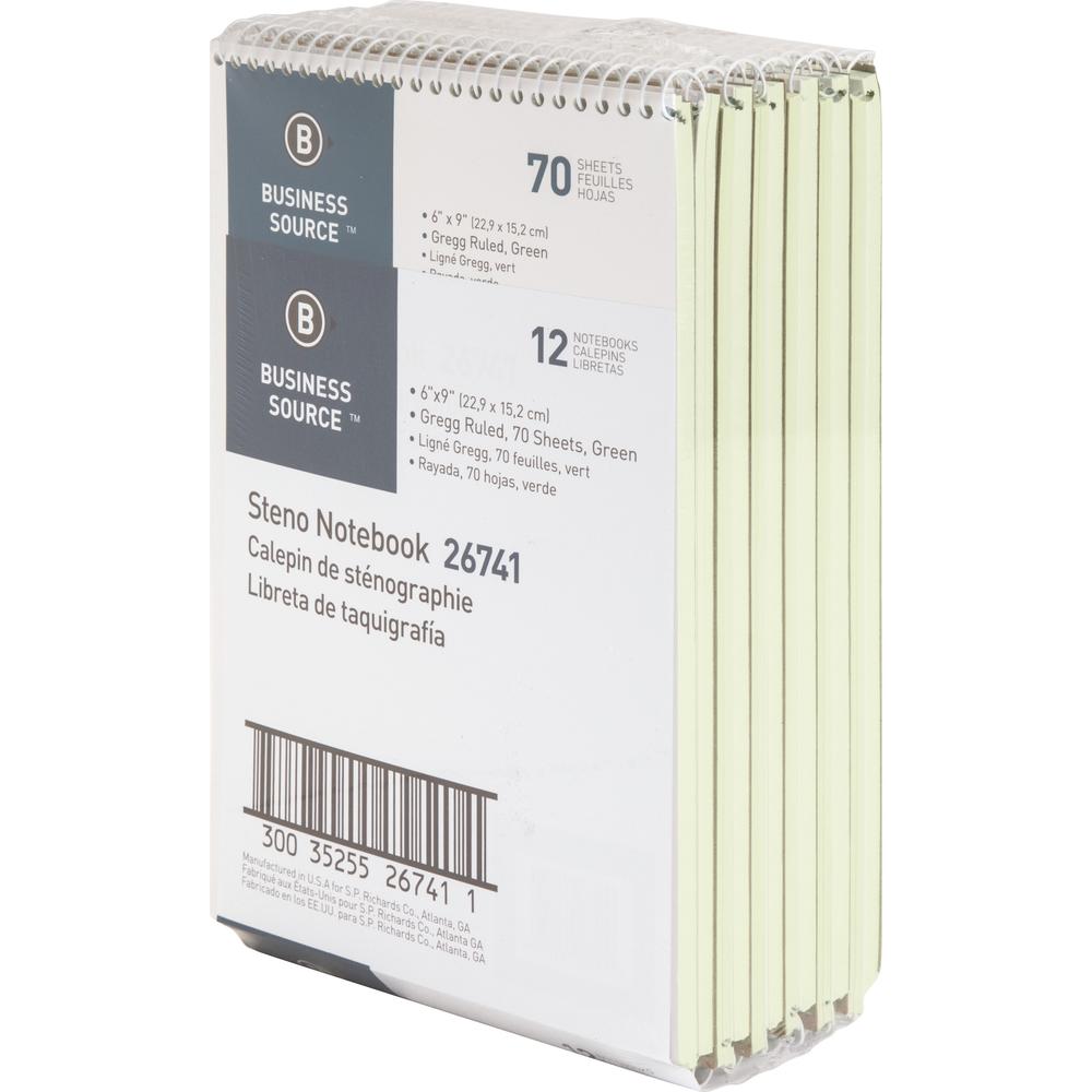 Business Source Steno Notebook - 70 Sheets - Wire Bound - Gregg Ruled Margin - 15 lb Basis Weight - 6" x 9" - Green Paper - Stiff-back - 12 / Pack. Picture 6