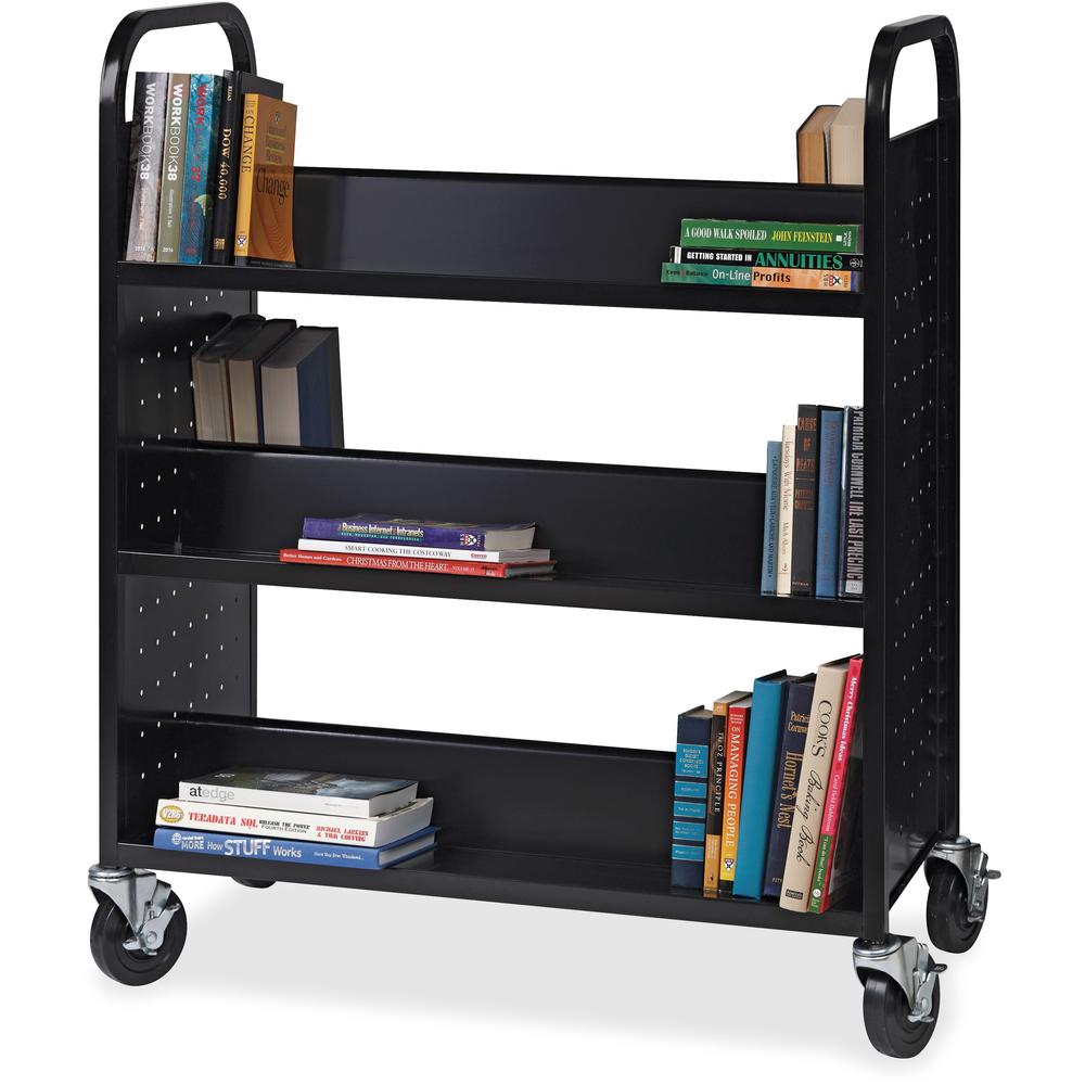Lorell Double-sided Book Cart - 6 Shelf - Round Handle - 5" Caster Size - Steel - x 38" Width x 18" Depth x 46.3" Height - Black - 1 Each. Picture 9