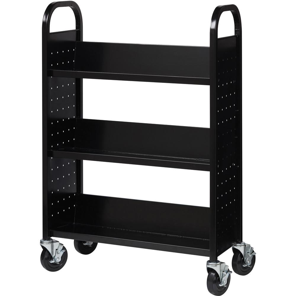 Lorell Single-sided Book Cart - 3 Shelf - Round Handle - 5" Caster Size - Steel - x 32" Width x 14" Depth x 46" Height - Black - 1 Each. Picture 6