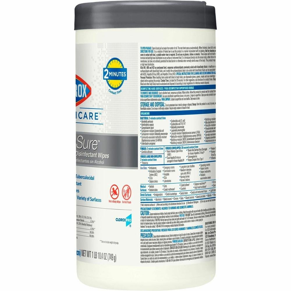 Clorox Healthcare VersaSure Cleaner Disinfectant Wipes - 8" Length x 6.75" Width - 85 / Canister - 1 Each - Disinfectant, Durable, Alcohol-free, Chemical-free, Fragrance-free, Fume-free, Bleach-free, . Picture 4