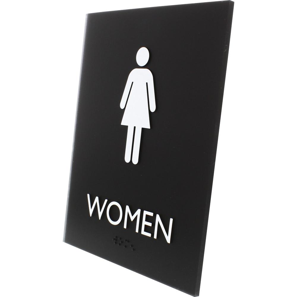 Lorell Women's Restroom Sign - 1 Each - Women Print/Message - 6.4" Width x 8.5" Height - Rectangular Shape - Surface-mountable - Easy Readability, Braille - Plastic - Black. Picture 6