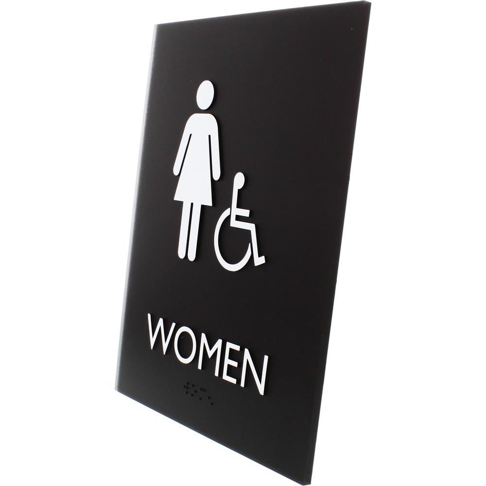 Lorell Restroom Sign - 1 Each - Women Print/Message - 6.4" Width x 8.5" Height - Rectangular Shape - Easy Readability, Braille - Plastic - Black. Picture 6