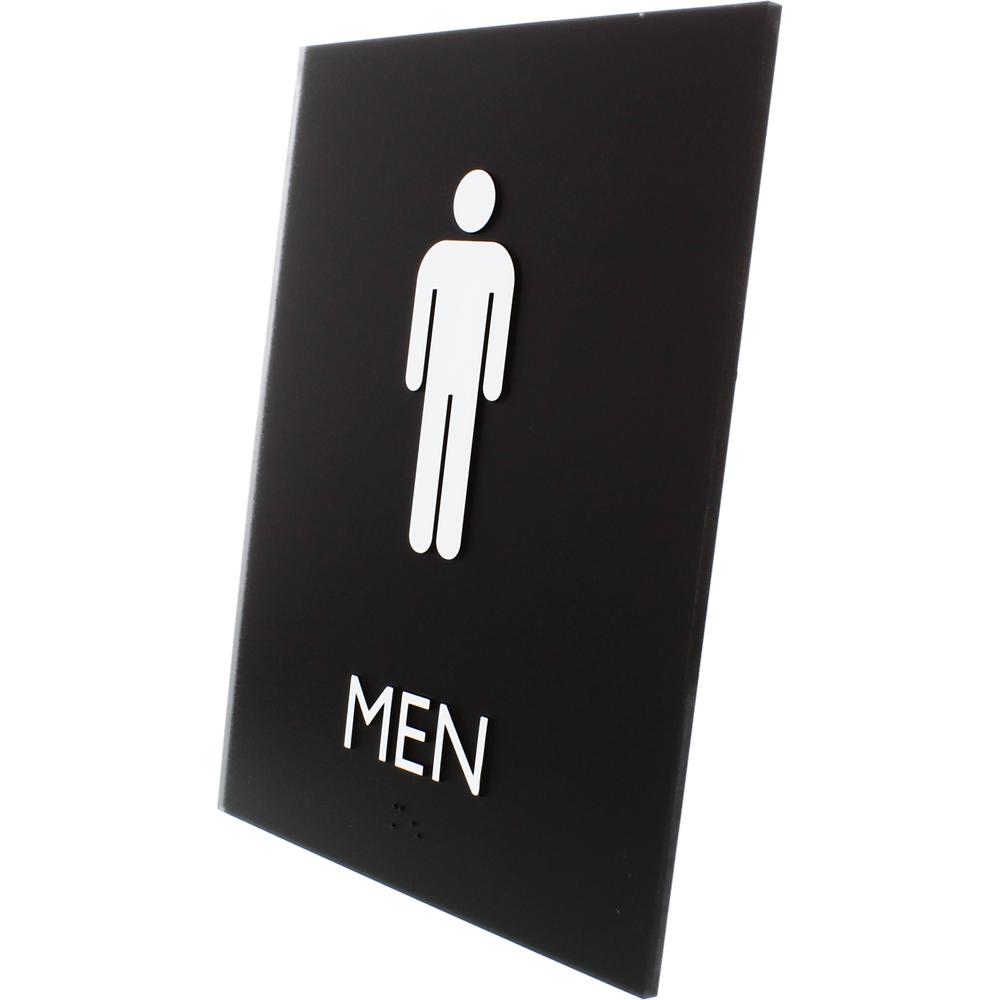 Lorell Men's Restroom Sign - 1 Each - Men Print/Message - 6.4" Width x 8.5" Height - Rectangular Shape - Surface-mountable - Easy Readability, Braille - Plastic - Black. Picture 2