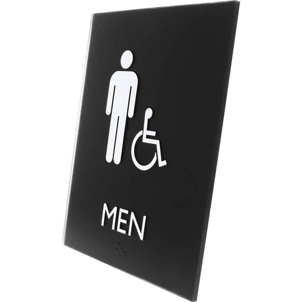 Lorell Men's Handicap Restroom Sign - 1 Each - Men Print/Message - 6.4" Width x 8.5" Height - Rectangular Shape - Surface-mountable - Easy Readability, Braille - Plastic - Black. Picture 3