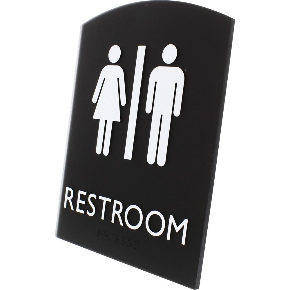Lorell Arched Unisex Restroom Sign - 1 Each - 6.8" Width x 8.5" Height - Rectangular Shape - Surface-mountable - Easy Readability, Braille - Plastic - Black. Picture 7