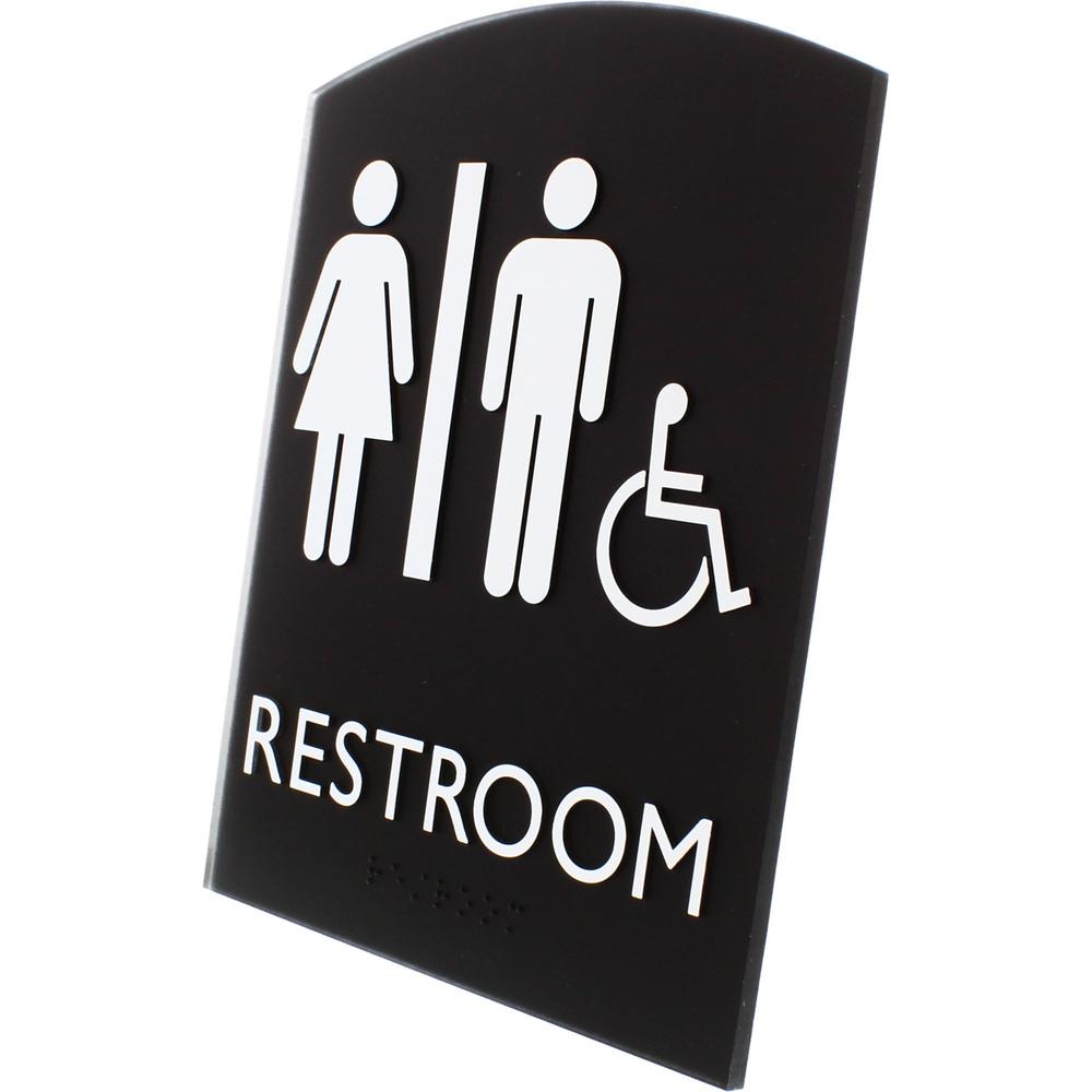 Lorell Arched Unisex Handicap Restroom Sign - 1 Each - 6.8" Width x 8.5" Height - Rectangular Shape - Surface-mountable - Easy Readability, Braille - Plastic - Black. Picture 6