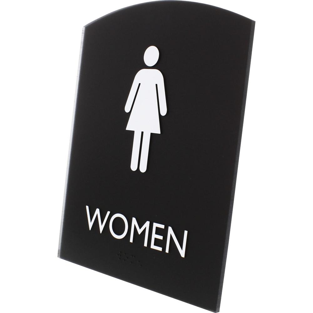 Lorell Arched Women's Restroom Sign - 1 Each - Women Print/Message - 6.8" Width x 8.5" Height - Rectangular Shape - Surface-mountable - Easy Readability, Braille - Plastic - Black. Picture 3
