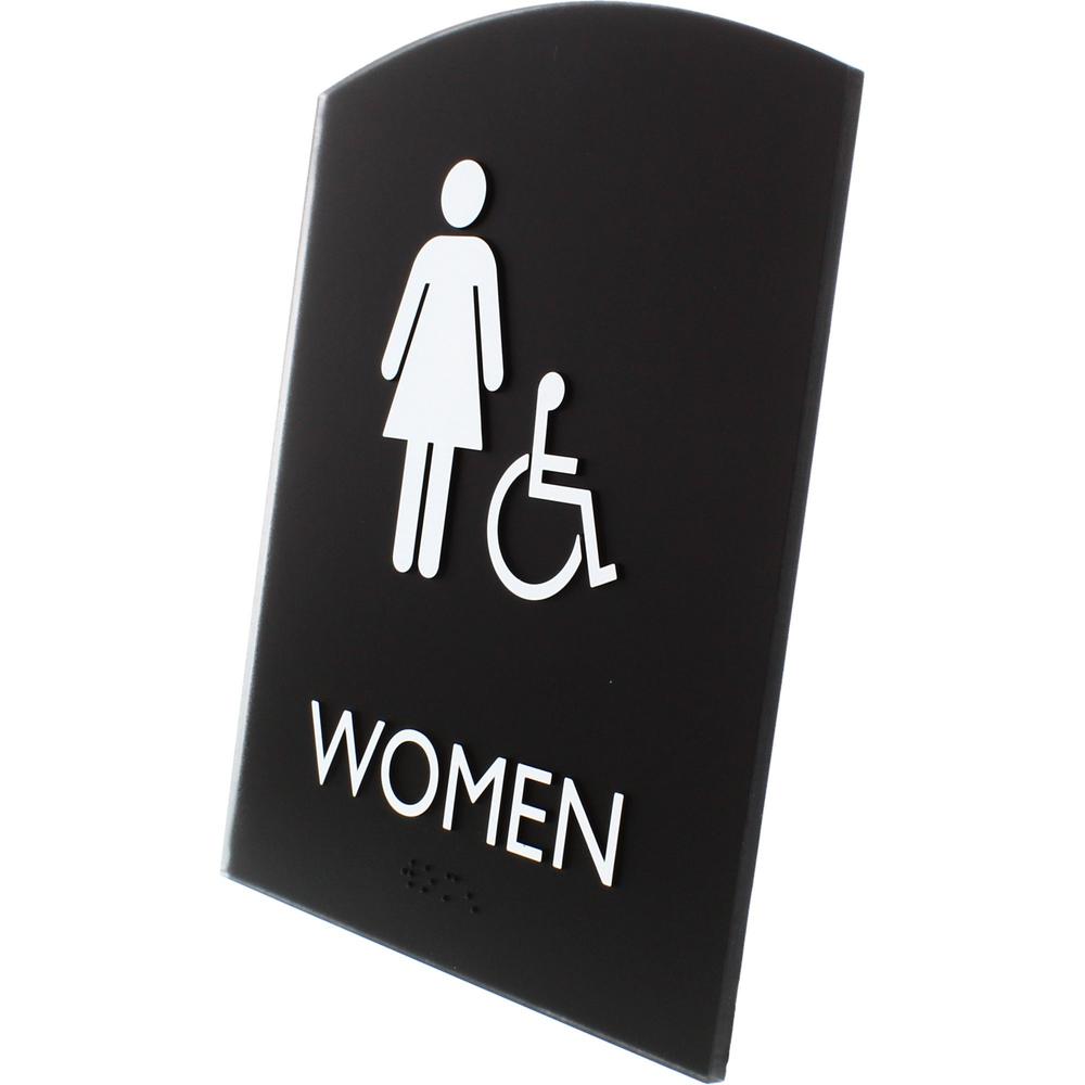 Lorell Restroom Sign - 1 Each - Women Print/Message - 6.8" Width x 8.5" Height - Rectangular Shape - Surface-mountable - Easy Readability, Braille - Plastic - Black. Picture 5