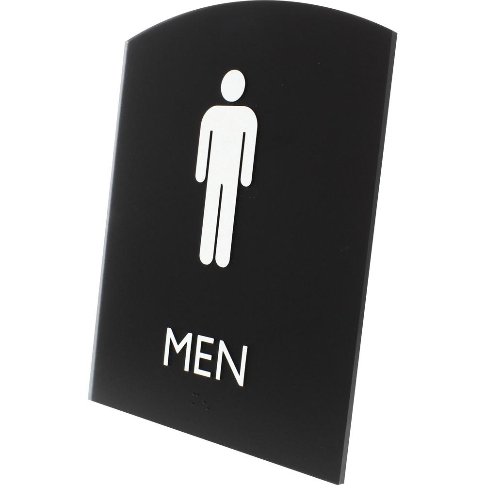 Lorell Arched Men's Restroom Sign - 1 Each - Men Print/Message - 6.8" Width x 8.5" Height - Rectangular Shape - Surface-mountable - Easy Readability, Braille - Plastic - Black. Picture 5