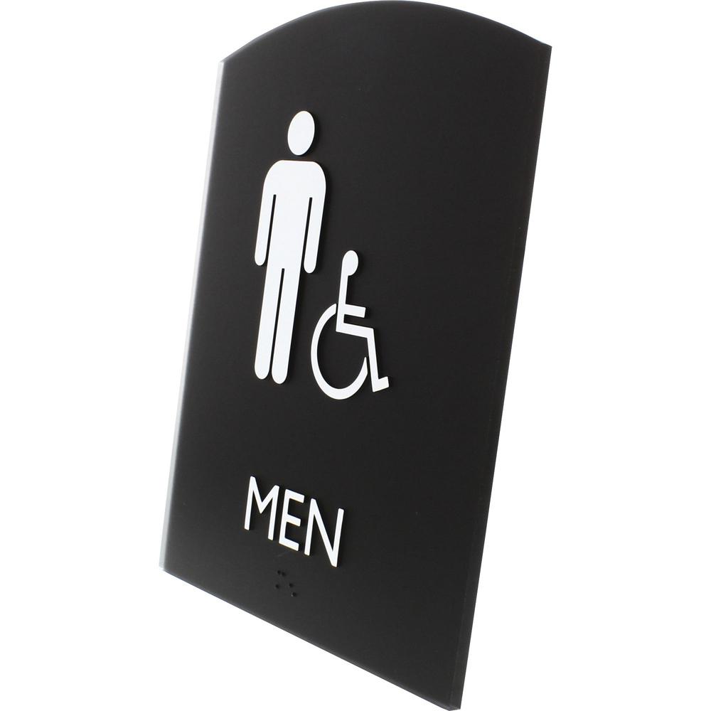 Lorell Arched Men's Handicap Restroom Sign - 1 Each - Men Print/Message - 6.8" Width x 8.5" Height - Rectangular Shape - Surface-mountable - Easy Readability, Braille - Plastic - Black. Picture 2