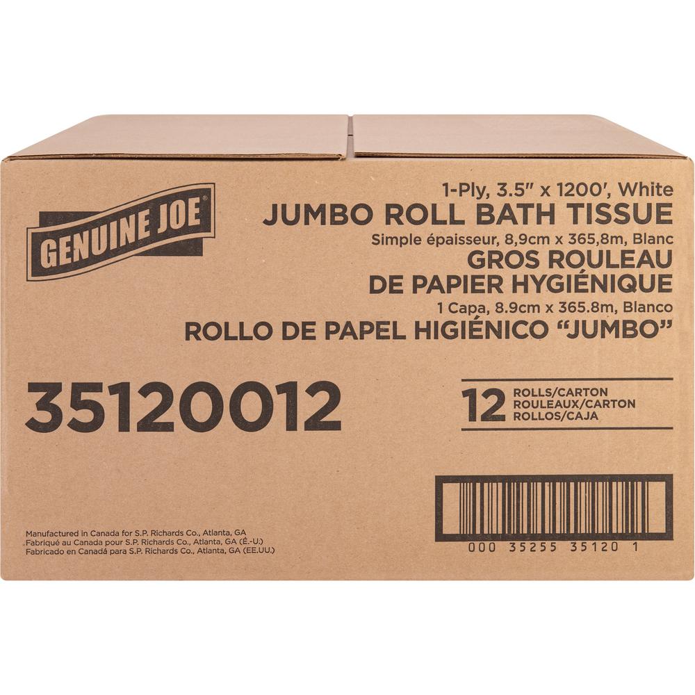 Genuine Joe 1-ply Jumbo Roll Bath Tissue - 1 Ply - 3.63" x 1200 ft - 8.88" Roll Diameter - White - Fiber - 12 / Carton. Picture 4