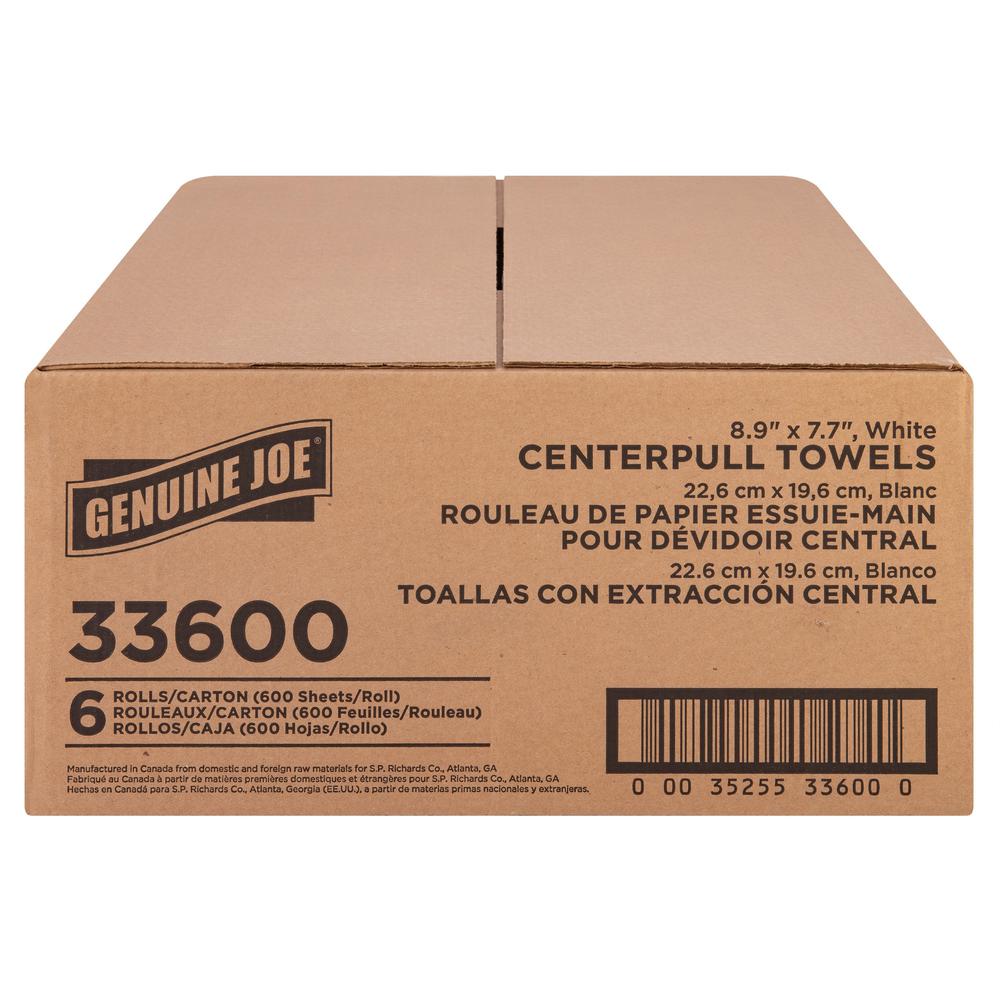 Genuine Joe Centerpull Towel Rolls - 600 Sheets/Roll - White - Virgin Fiber - 6 / Carton. Picture 4