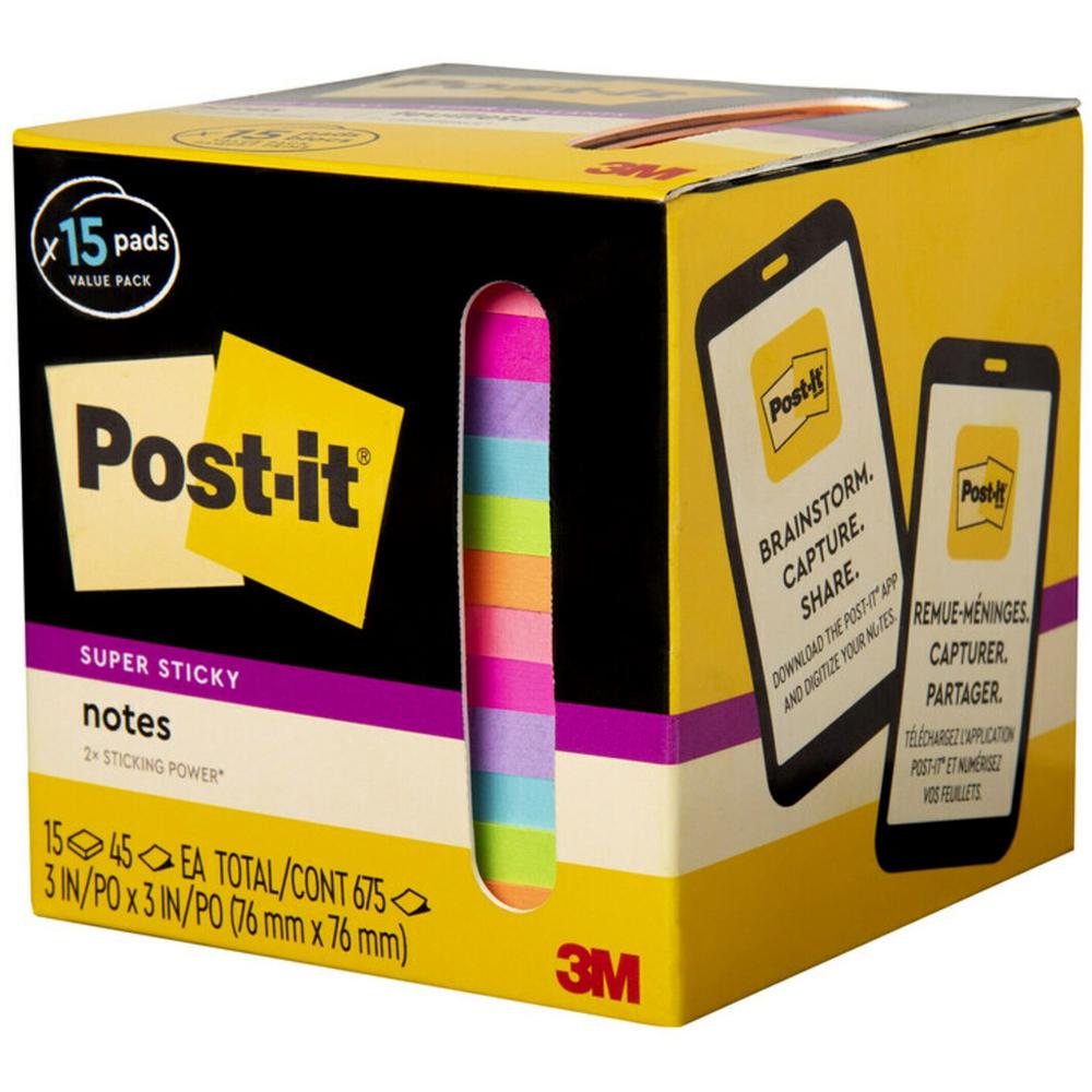 Post-it&reg; Super Sticky Notes - 15 - 3" x 3" - Square - 45 Sheets per Pad - Neon Orange, Tropical Pink, Power Pink, Iris, Blue Paradise, Neon Green Limeade - Adhesive, Recyclable - 15 / Pack. Picture 5