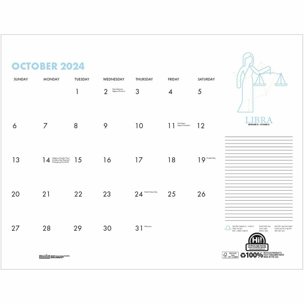 House of Doolittle Zodiac Monthly Desk Pad Calendar - Julian Dates - Monthly - 12 Month - January - December - 1 Month Single Page Layout - 18 1/2" x 13" Sheet Size - Headband - Desk Pad - Black, Mult. Picture 7