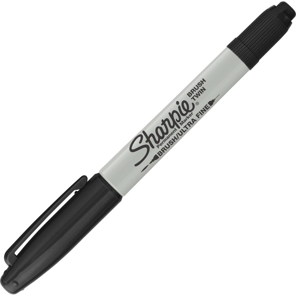 Sharpie Brush Twin Permanent Markers - Fine, Broad, Ultra Fine Marker Point - Black - 12 / Dozen. Picture 3