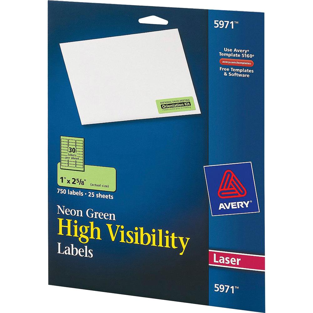 Avery&reg; Shipping Labels - 1" Width x 2 5/8" Length - Permanent Adhesive - Rectangle - Laser - Neon Green - Paper - 30 / Sheet - 25 Total Sheets - 750 Total Label(s) - 750 / Pack. Picture 2