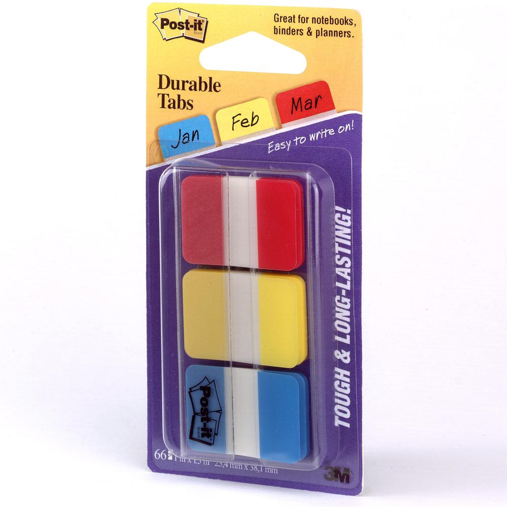 Post-it&reg; Durable Tabs - Write-on Tab(s) - 0.98" Tab Height x 1" Tab Width - Self-adhesive, Removable - Red, Yellow, Blue, Neon Tab(s) - Wear Resistant, Tear Resistant, Durable, Writable, Repositio. Picture 3