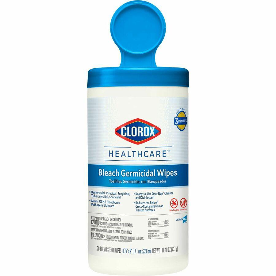 Clorox Healthcare Bleach Germicidal Wipes - Ready-To-Use - 9" Length x 6.75" Width - 70 / Canister - 1 Each - Disinfectant, Antimicrobial, Anti-corrosive, Unscented - White. Picture 2