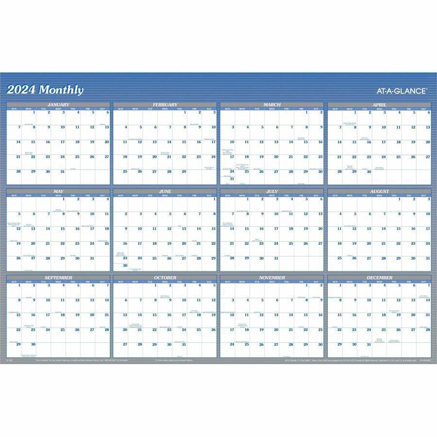At-A-Glance Vertical Horizontal Reversible Erasable Wall Calendar - Extra Large Size - Yearly - 12 Month - January 2024 - December 2024 - 48" x 32" White Sheet - Blue - Laminate - Erasable, Reversible. Picture 2