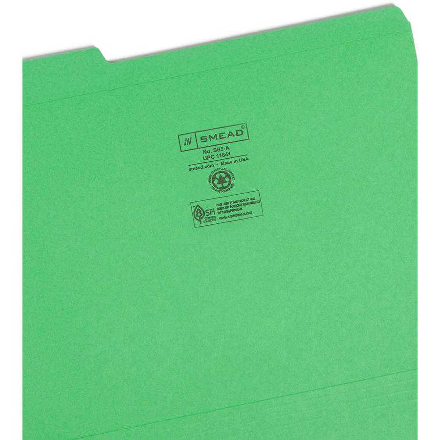 Smead Colored 1/3 Tab Cut Letter Recycled Top Tab File Folder - 8 1/2" x 11" - 3/4" Expansion - Top Tab Location - Assorted Position Tab Position - Blue, Green, Red, Yellow - 10% Recycled - 12 / Pack. Picture 2