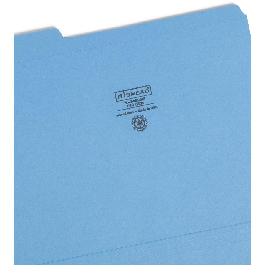 Smead Colored 1/3 Tab Cut Letter Recycled Top Tab File Folder - 8 1/2" x 11" - 3/4" Expansion - Top Tab Location - Assorted Position Tab Position - Blue - 10% Recycled - 100 / Box. Picture 3