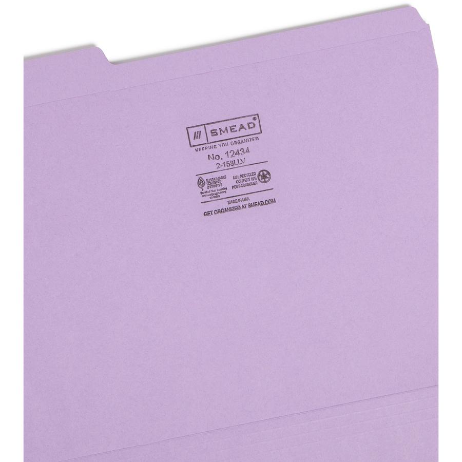 Smead Colored 1/3 Tab Cut Letter Recycled Top Tab File Folder - 8 1/2" x 11" - 3/4" Expansion - Top Tab Location - Assorted Position Tab Position - Lavender - 10% Recycled - 100 / Box. Picture 5