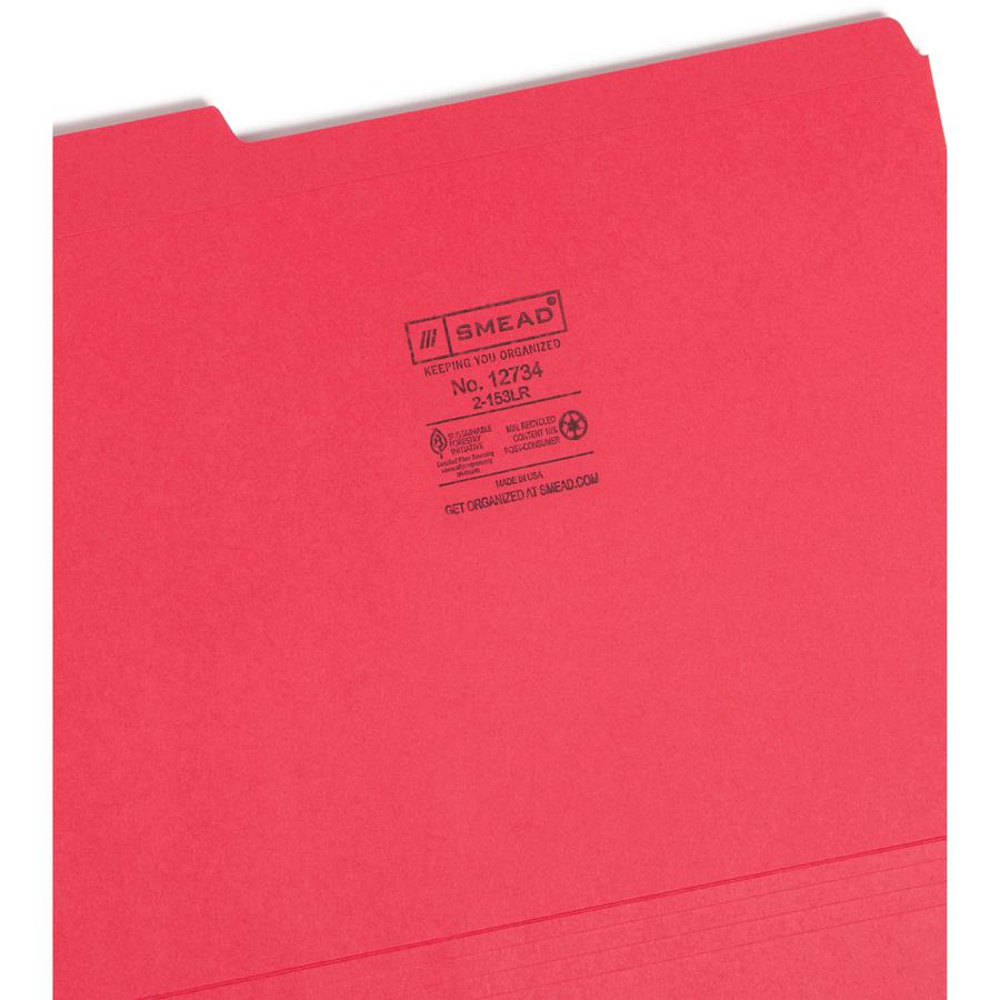 Smead Colored 1/3 Tab Cut Letter Recycled Top Tab File Folder - 8 1/2" x 11" - 3/4" Expansion - Top Tab Location - Assorted Position Tab Position - Red - 10% Recycled - 100 / Box. Picture 2