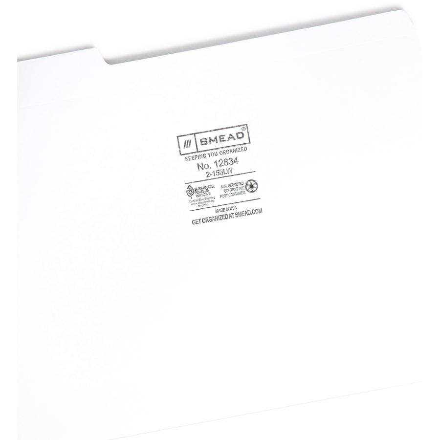 Smead Colored 1/3 Tab Cut Letter Recycled Top Tab File Folder - 8 1/2" x 11" - Top Tab Location - Assorted Position Tab Position - White - 10% Recycled - 100 / Box. Picture 2