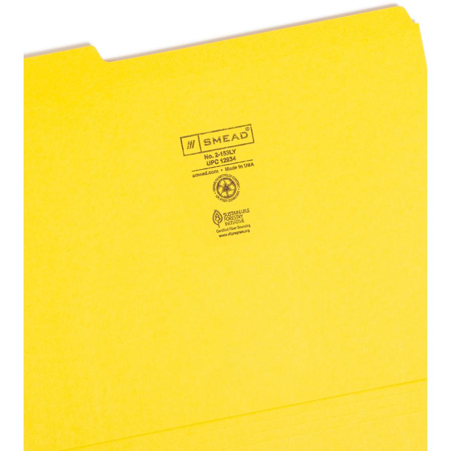 Smead Colored 1/3 Tab Cut Letter Recycled Top Tab File Folder - 8 1/2" x 11" - Top Tab Location - Assorted Position Tab Position - Yellow - 10% Recycled - 100 / Box. Picture 4