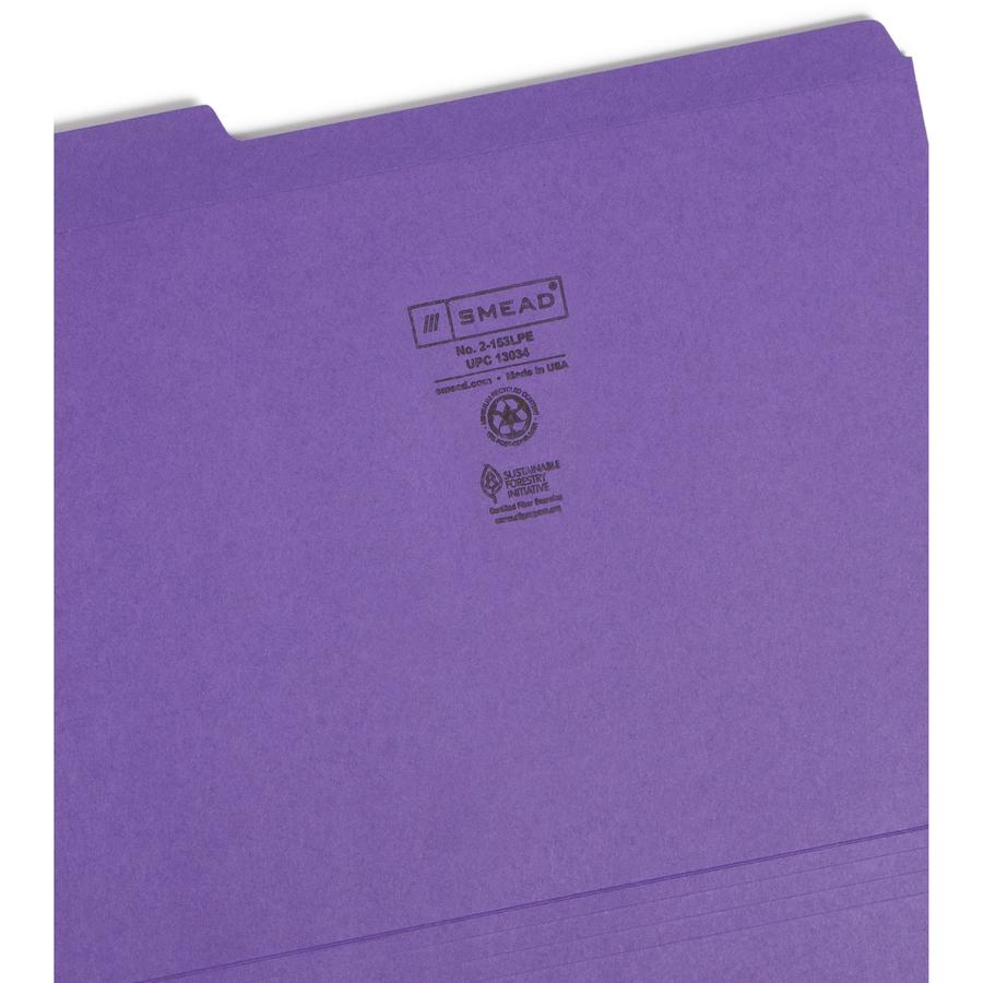 Smead Colored 1/3 Tab Cut Letter Recycled Top Tab File Folder - 8 1/2" x 11" - 3/4" Expansion - Top Tab Location - Assorted Position Tab Position - Purple - 10% Recycled - 100 / Box. Picture 5