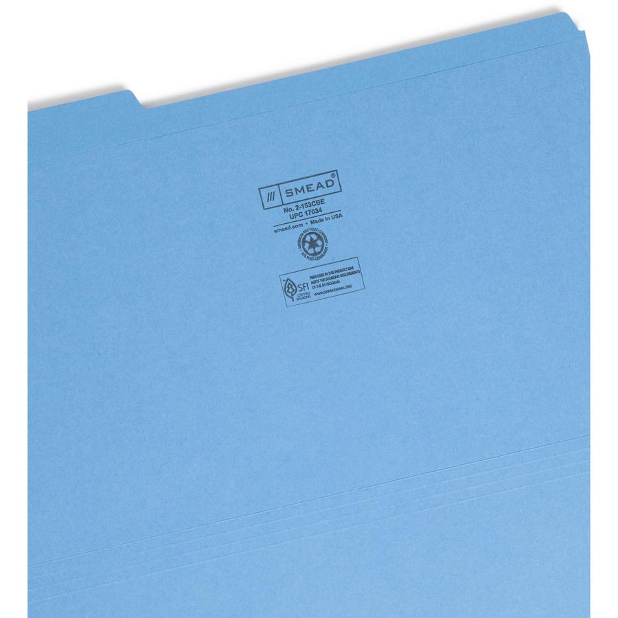 Smead Colored 1/3 Tab Cut Legal Recycled Top Tab File Folder - 8 1/2" x 14" - 3/4" Expansion - Top Tab Location - Assorted Position Tab Position - Blue - 10% Recycled - 100 / Box. Picture 5