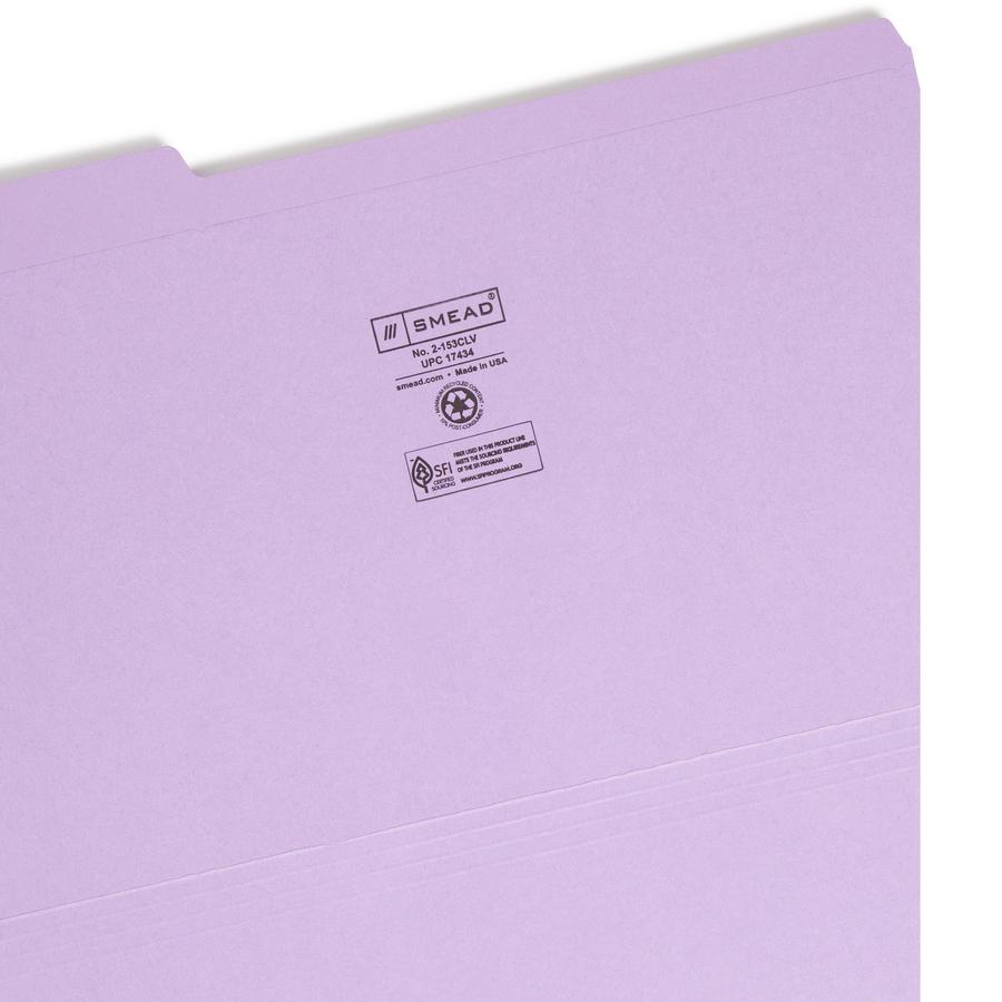 Smead Colored 1/3 Tab Cut Legal Recycled Top Tab File Folder - 8 1/2" x 14" - 3/4" Expansion - Top Tab Location - Assorted Position Tab Position - Lavender - 10% Recycled - 100 / Box. Picture 2
