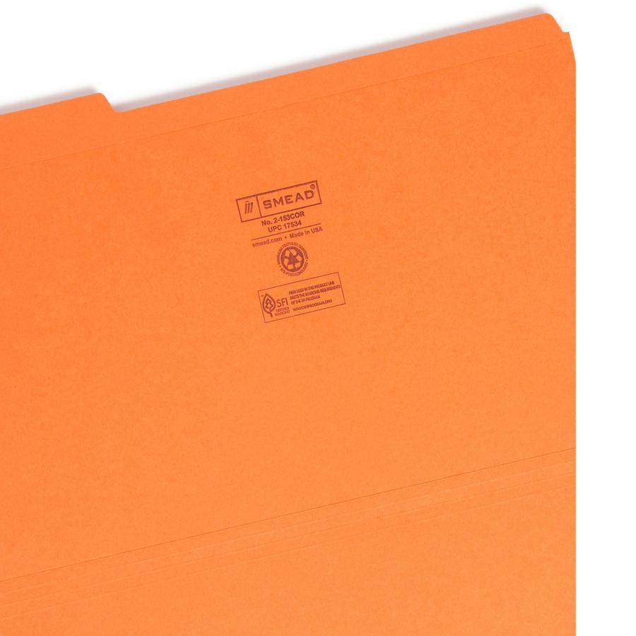 Smead Colored 1/3 Tab Cut Legal Recycled Top Tab File Folder - 8 1/2" x 14" - 3/4" Expansion - Top Tab Location - Assorted Position Tab Position - Orange - 10% Recycled - 100 / Box. Picture 4
