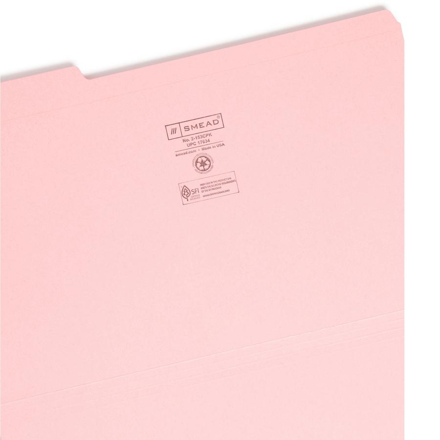 Smead Colored 1/3 Tab Cut Legal Recycled Top Tab File Folder - 8 1/2" x 14" - 3/4" Expansion - Top Tab Location - Assorted Position Tab Position - Pink - 10% Recycled - 100 / Box. Picture 9